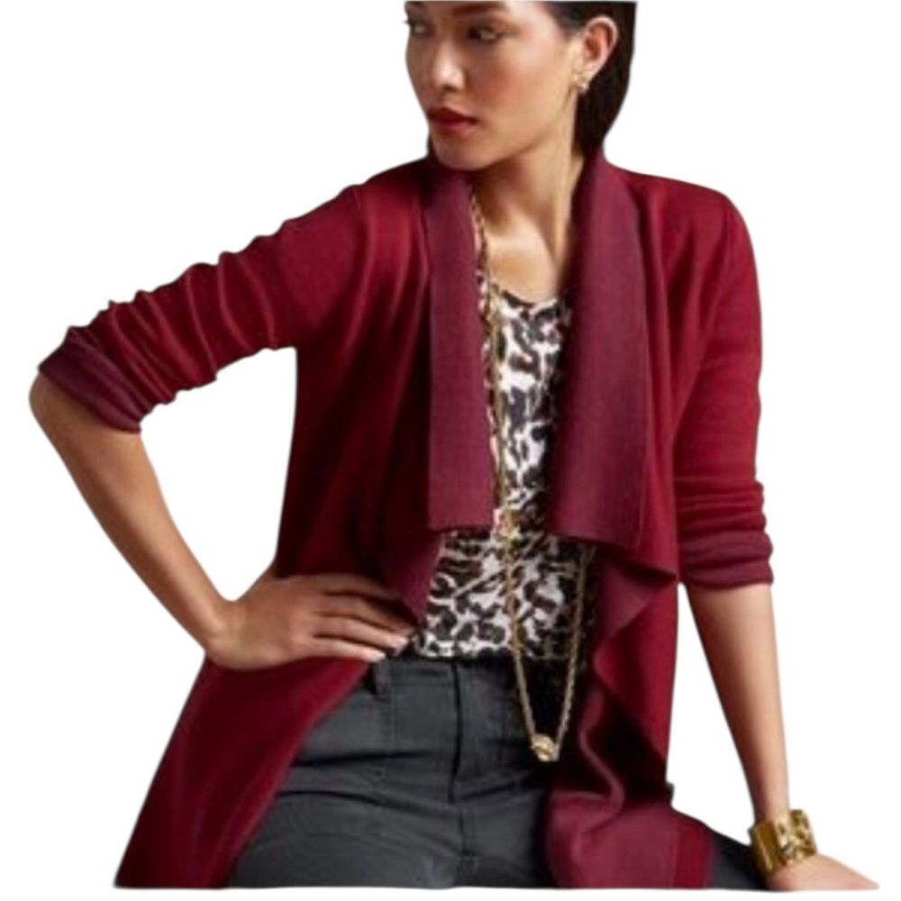 Cabi Cozy Up Two Tone Open Front Cardigan Sweater Maroon Womens Medium Cotton